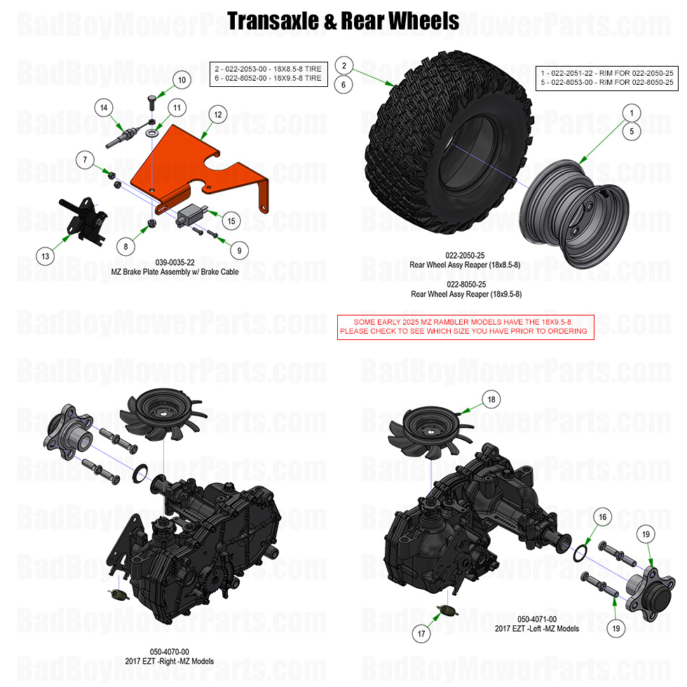 3799 - Bad Boy Mower Parts Lookup > 2025 > MZ Rambler > Transaxle & Rear Wheels